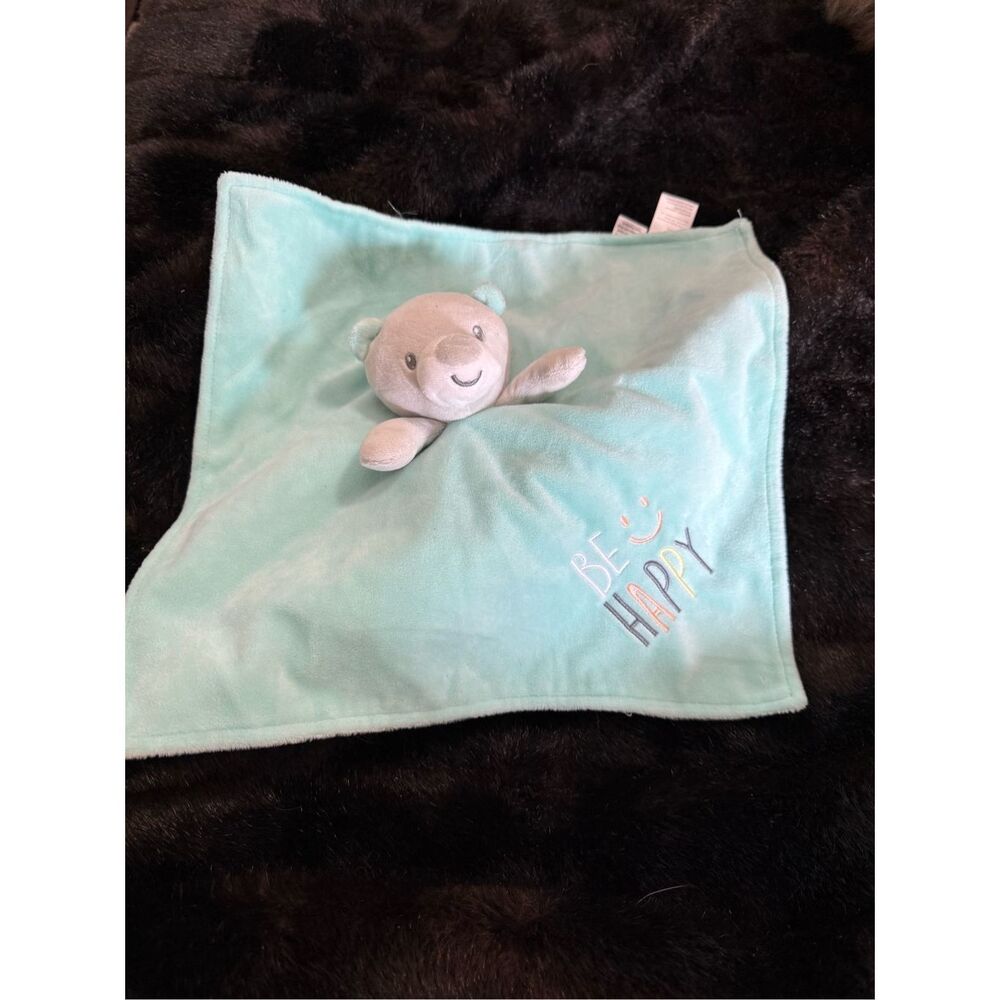 Baby Starters Be Happy Aqua Gray Bear Rattle Plush Security Blanket Lovey